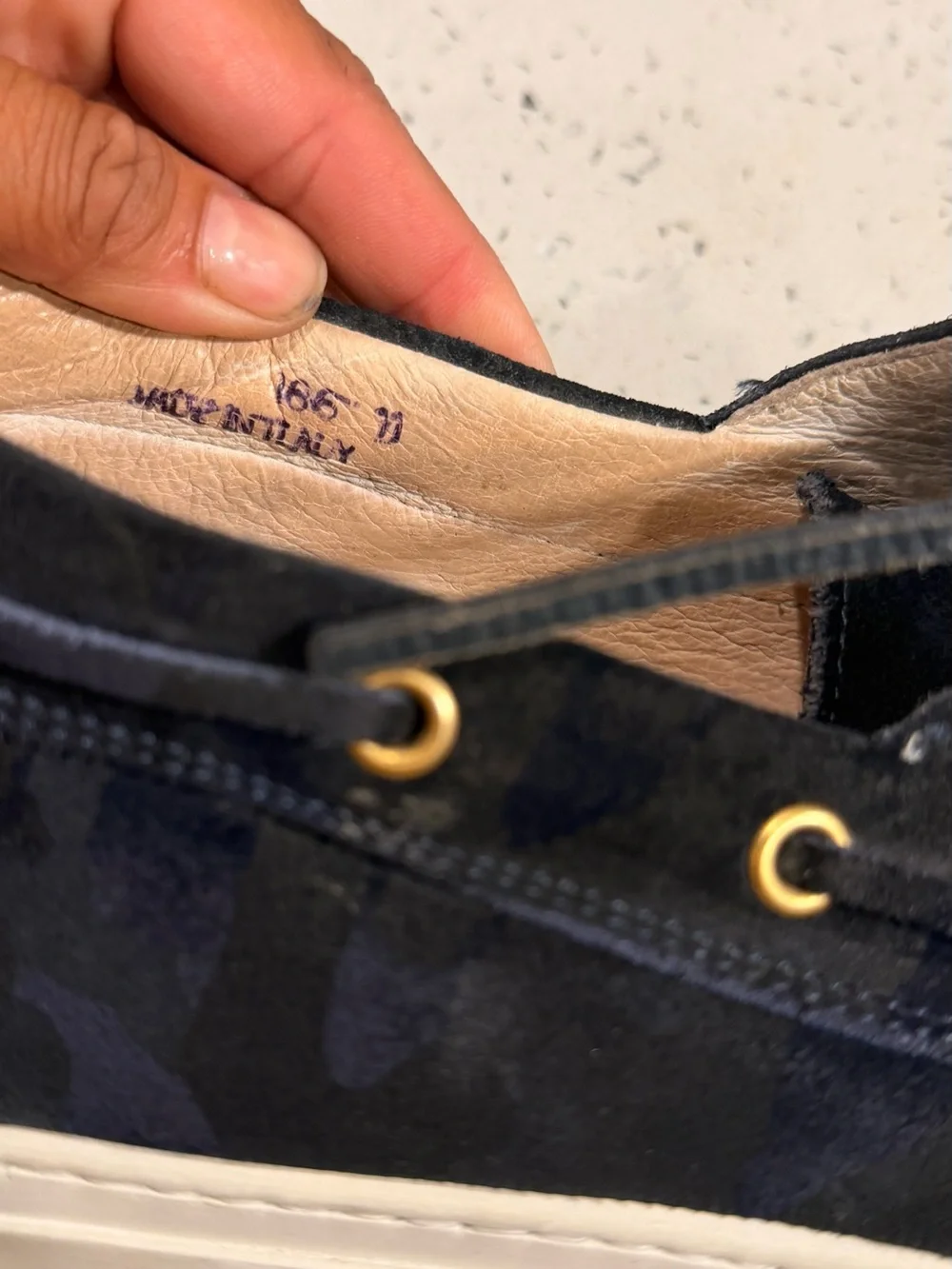 Del Toro Navy Suede Camouflage Boat Shoes with Gold Eyelets